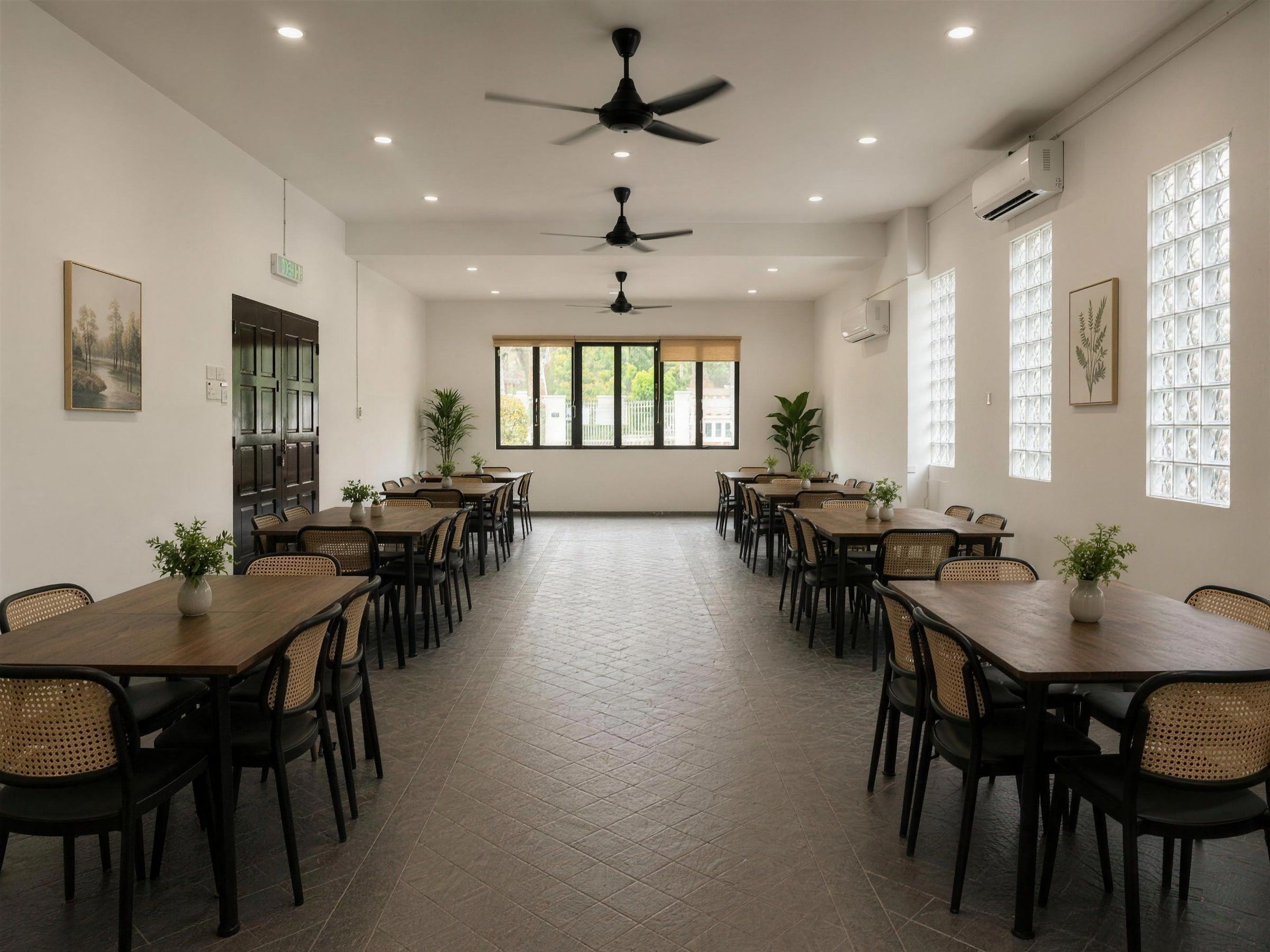 Dining hall with wooden tables, rattan chairs and natural light