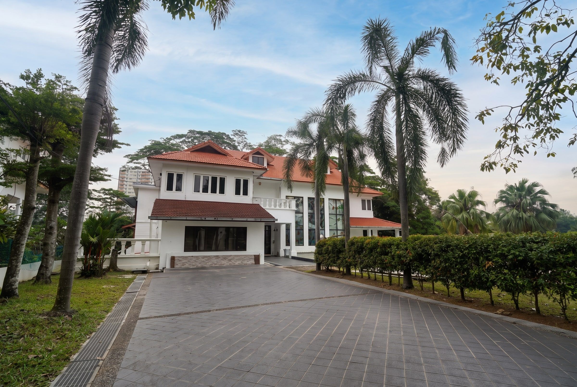 Palm-lined driveway leading to the Trivelle Care residence